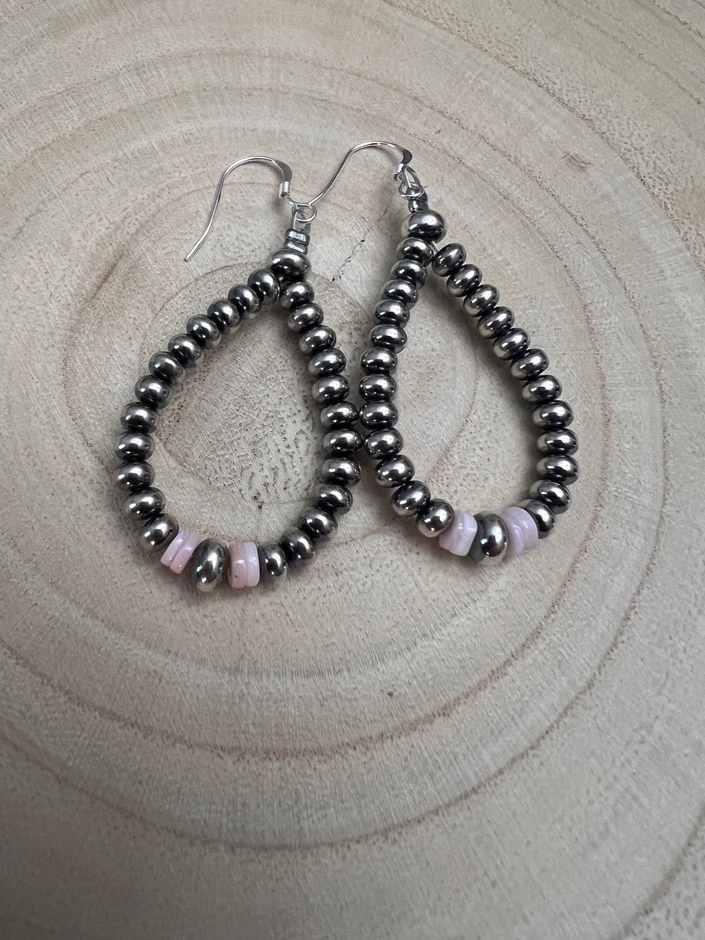 Smaller Sterling Pearl Saucer Teardrop Earrings with Pink Conch — 2.5 inch drop