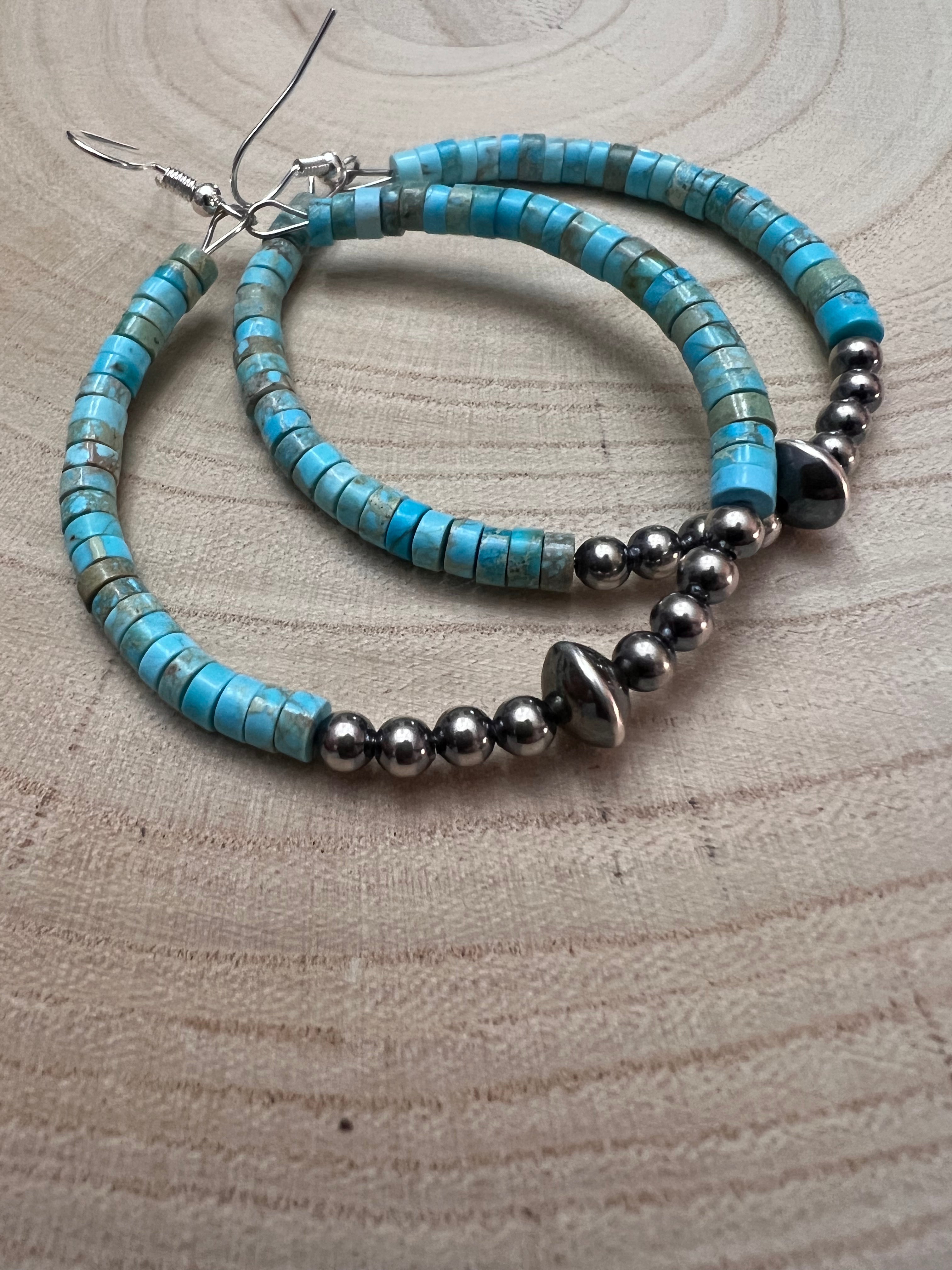 Variscite Turquoise Hoop Earrings with Sterling Pearl & Saucer