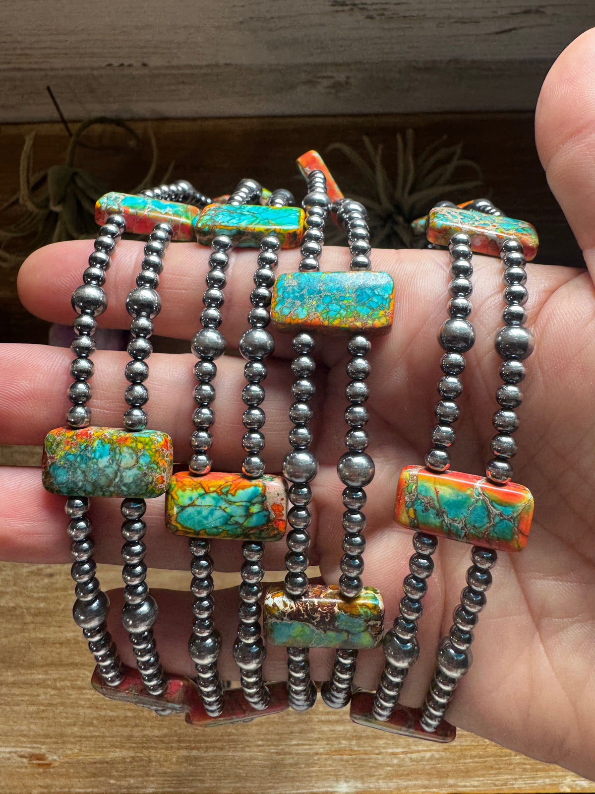 Orange/Turquoise Double Strand Necklace – 13” Beaded – Sterling Silver Pearls & Rectangle Variscite
