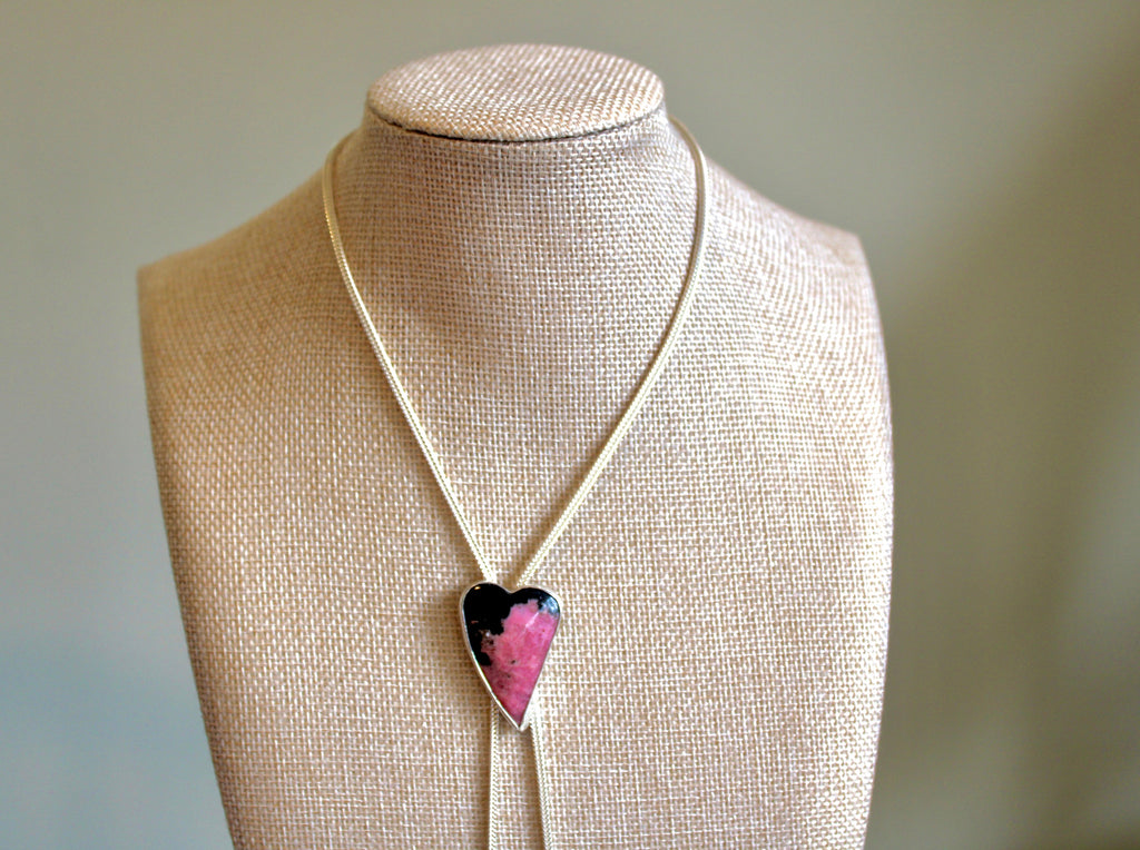 Pink Rhodonite Heart Bolo Necklace