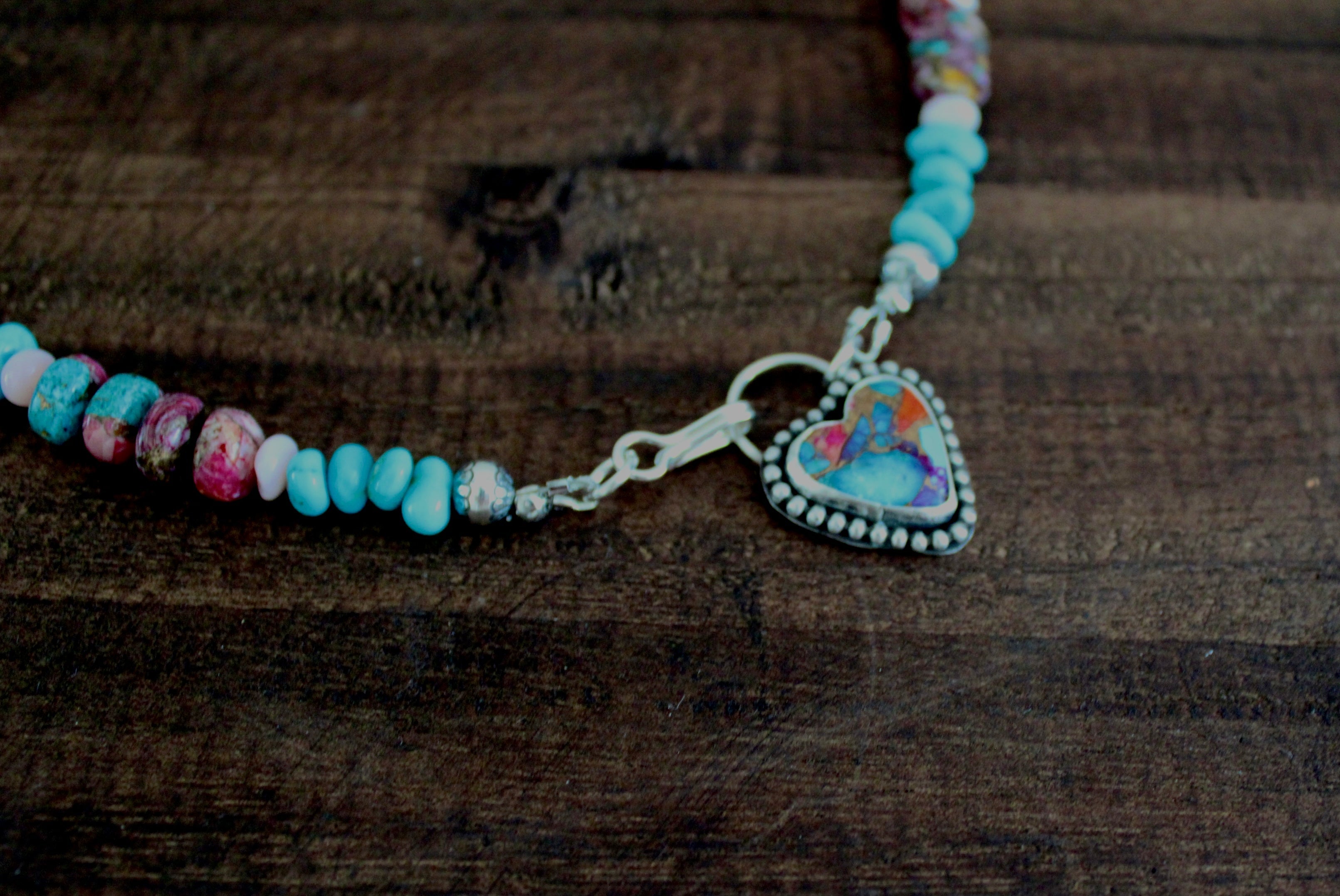 Pink Dahlia Turquoise heart on a Kingman and Pink Dahlia beaded chain