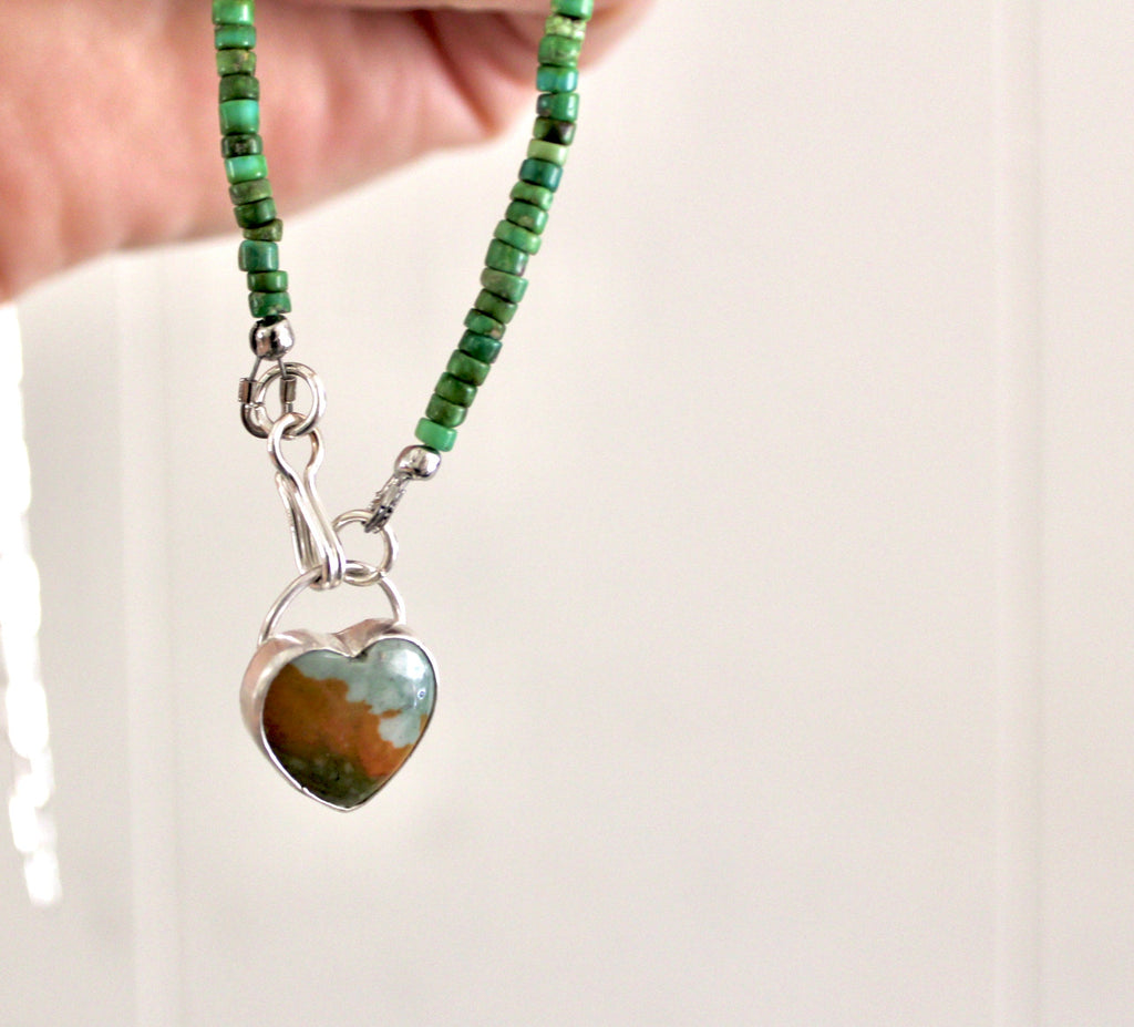 Rocky Butte Jasper Heart on Sonoran Turquoise beaded chain