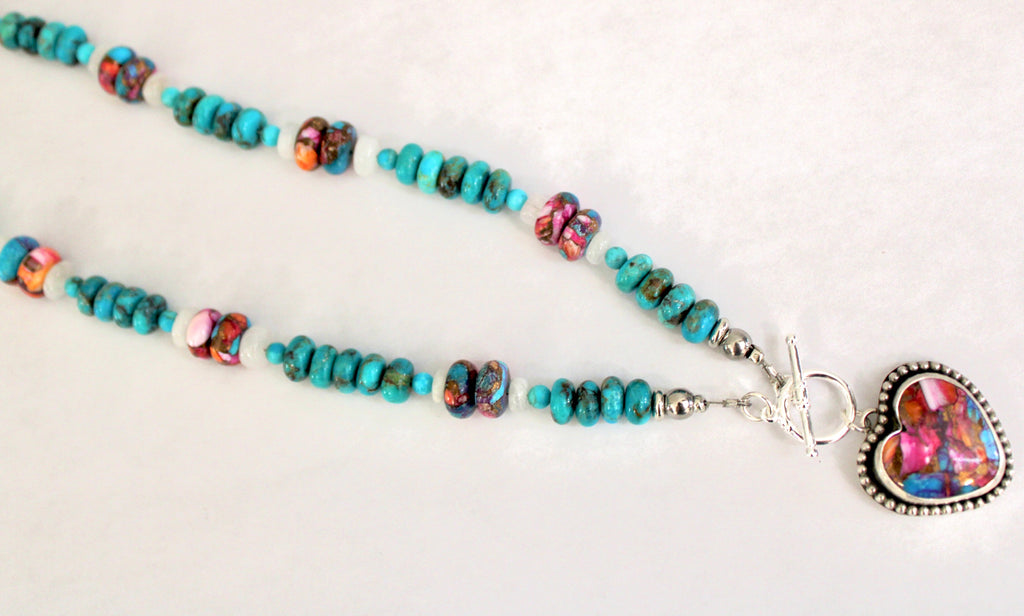 Pink Dahlia Turquoise toggle necklace on Kingman and Pink Dahlia beaded chain