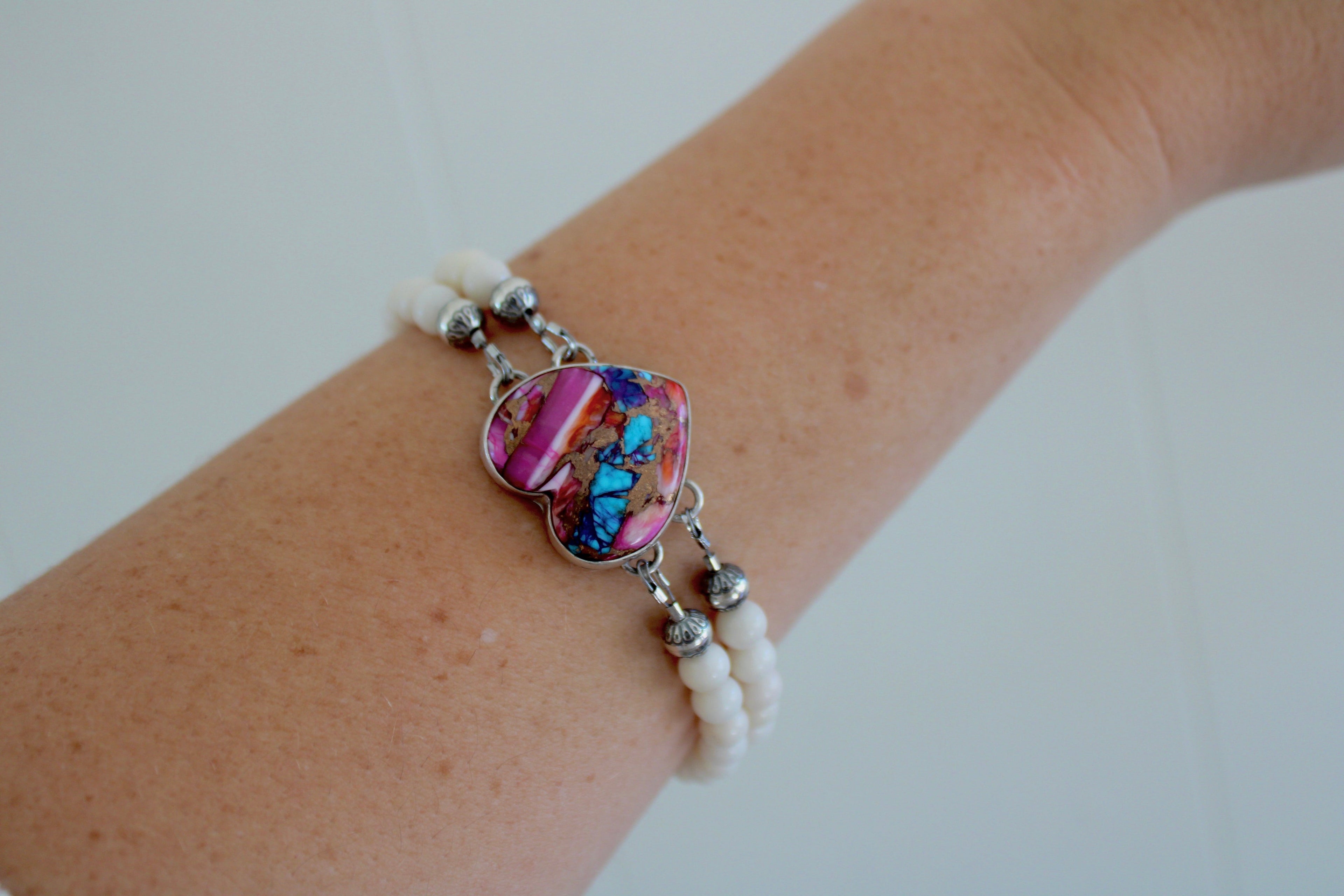 Pink Dahlia Turquoise Heart on a white coral beaded bracelet