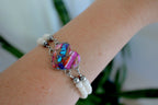 Pink Dahlia Turquoise Heart on a white coral beaded bracelet