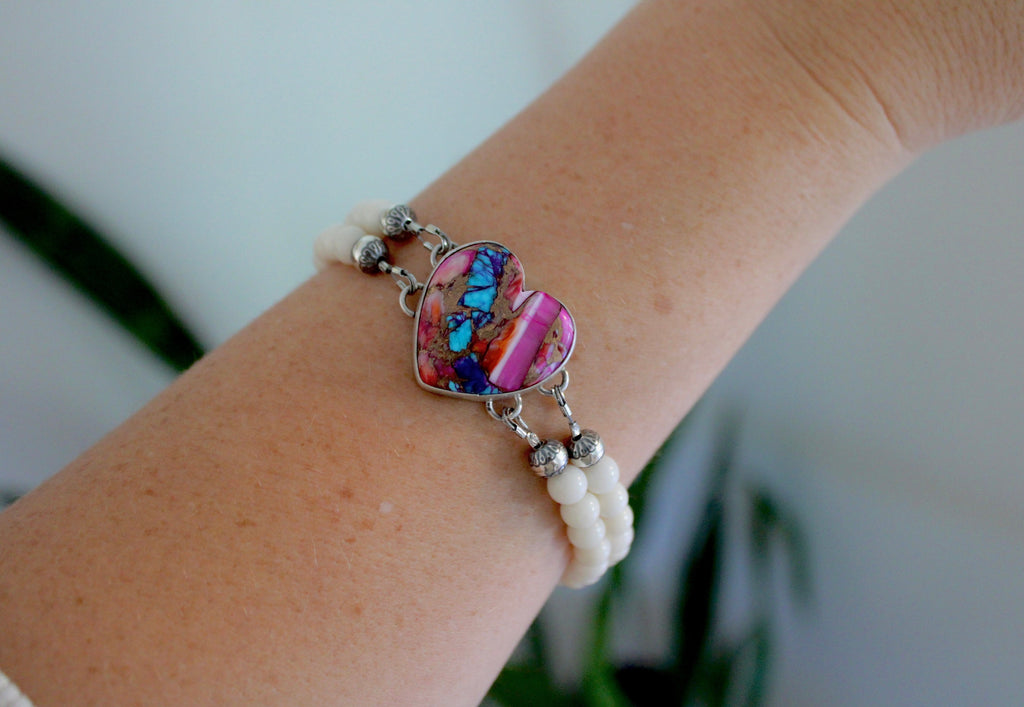 Pink Dahlia Turquoise Heart on a white coral beaded bracelet