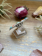 Mosaic Cluster Ring – Sterling Silver – Sonoran Mountain, Blue Ridge Turquoise & Spiny Oyster – Size 9 – Artist Shay Pfeiffer