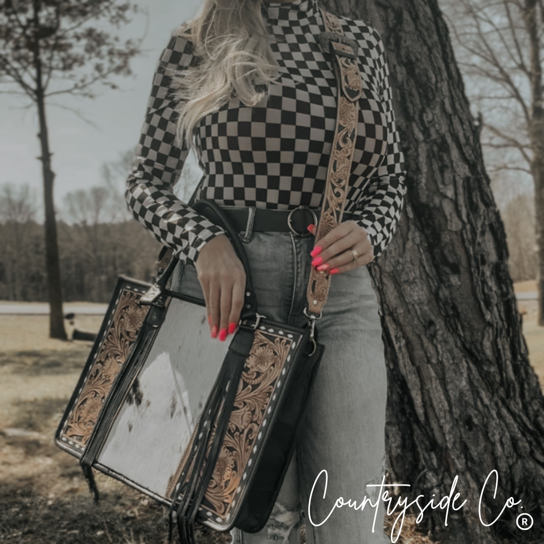 Panhandle Tooled Leather Cowhide Conceal Carry Tote, Computer Bag