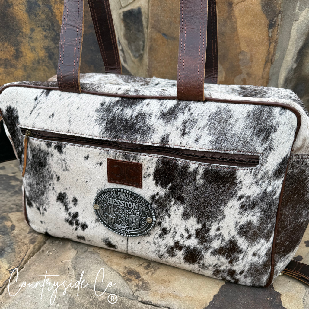 Vintage NFR Buckle Carry All Cowhide Duffle Travel Bag