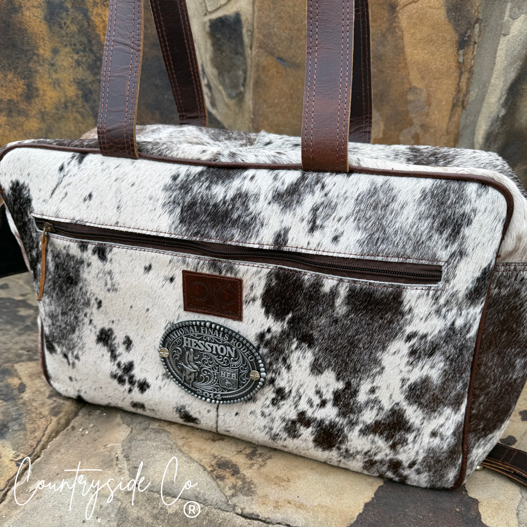 Vintage NFR Buckle Carry All Cowhide Duffle Travel Bag