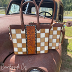 Virginia Cowhide Checkered Concealed Carry Tote Handbag, Rust Tone Leather