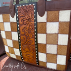 Virginia Cowhide Checkered Concealed Carry Tote Handbag, Rust Tone Leather