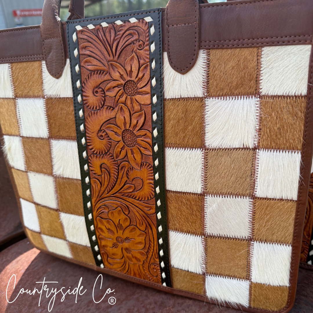 Virginia Cowhide Checkered Concealed Carry Tote Handbag, Rust Tone Leather