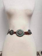 Genuine Distressed Leather Western Concho Belt with Faux Turquoise Stone Buckle