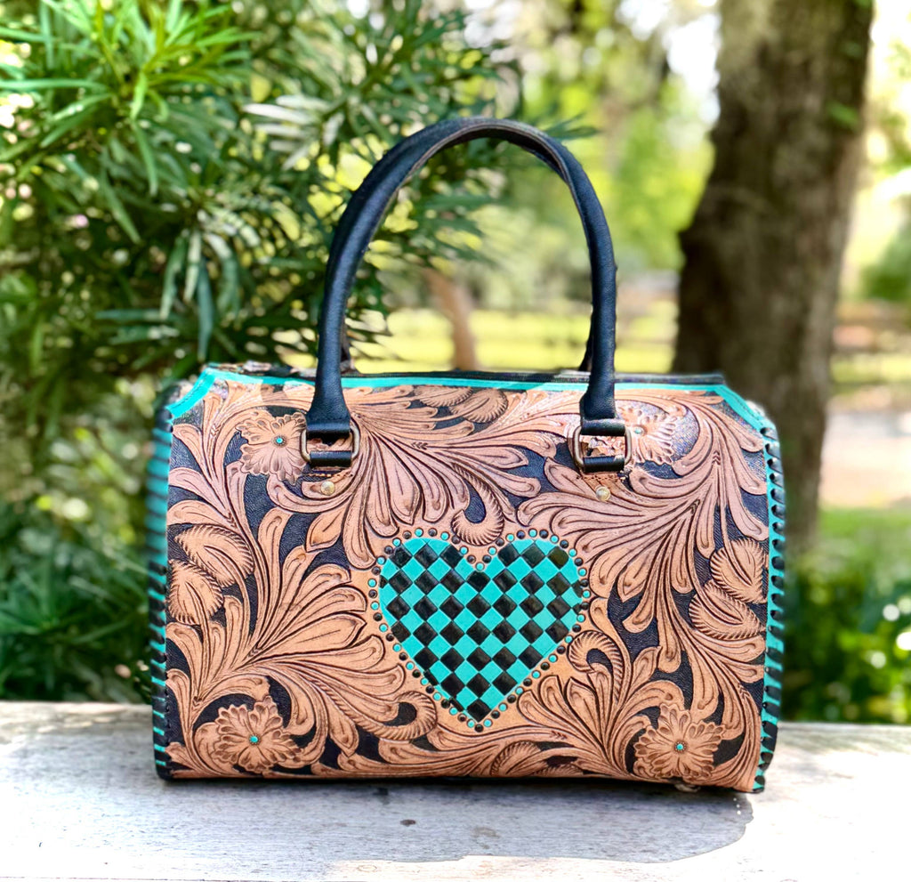 Tooled Leather Turquoise Black Checkered Heart Speedy Bag + Coin Purse