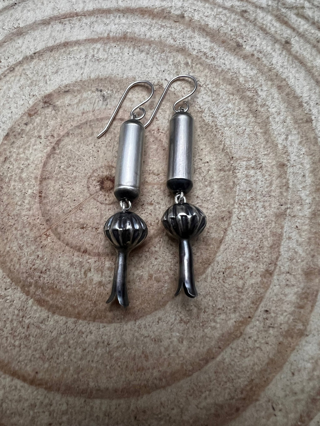 Crystal Hayley Sterling Silver Navajo Barrel & Squash Blossom Dangle Earrings — 1 3/4 inch drop (Handcrafted by Navajo Artist)