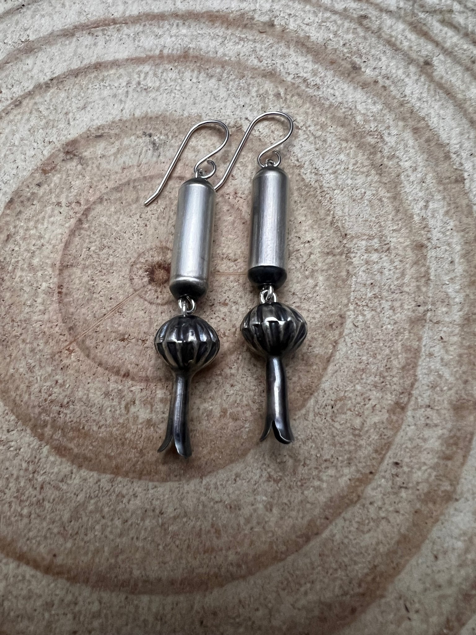 Crystal Hayley Sterling Silver Navajo Barrel & Squash Blossom Dangle Earrings — 1 3/4 inch drop (Handcrafted by Navajo Artist)