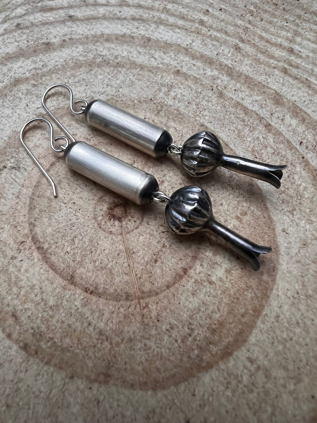 Crystal Hayley Sterling Silver Navajo Barrel & Squash Blossom Dangle Earrings — 1 3/4 inch drop (Handcrafted by Navajo Artist)