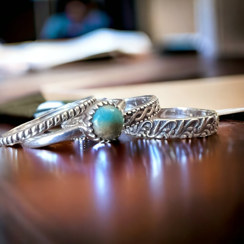 Betty Kingman Turquoise Sterling Silver Stacker Ring Set — Set of 4 Rings, Size 7