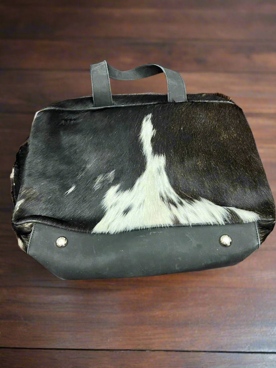 Western Hair-on-Hide Crossbody Diaper Bag — Black & White Cowhide (18" with Adjustable Strap)