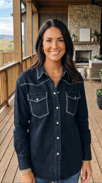 LUCKY & BLESSED Black Contrast Stitching Pearl Snap Denim Western Shirt — Modern Cowgirl Structured Fit