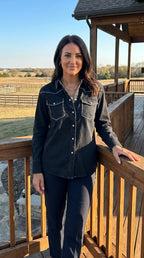 LUCKY & BLESSED Black Contrast Stitching Pearl Snap Denim Western Shirt — Modern Cowgirl Structured Fit