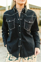LUCKY & BLESSED Black Contrast Stitching Pearl Snap Denim Western Shirt — Modern Cowgirl Structured Fit