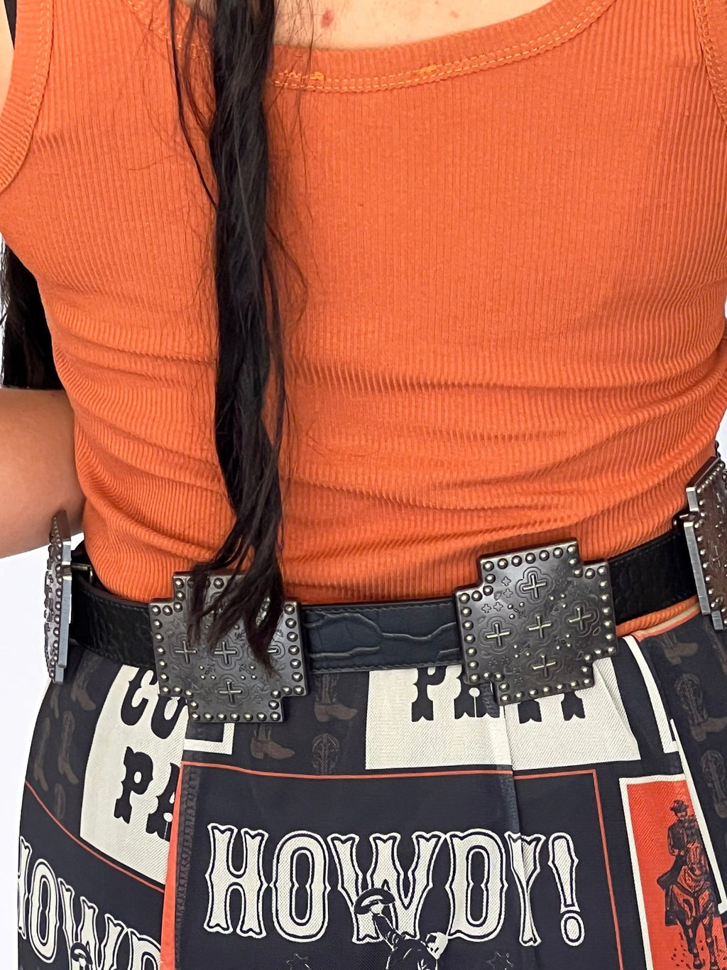 Black Gator Genuine Leather Western Belt — Cross Concho Detail