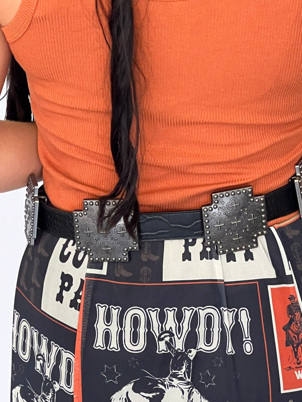 Black Gator Genuine Leather Western Belt — Cross Concho Detail