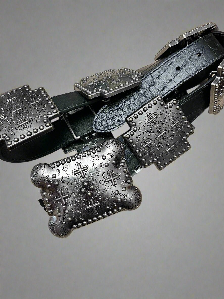 Black Gator Genuine Leather Western Belt — Cross Concho Detail