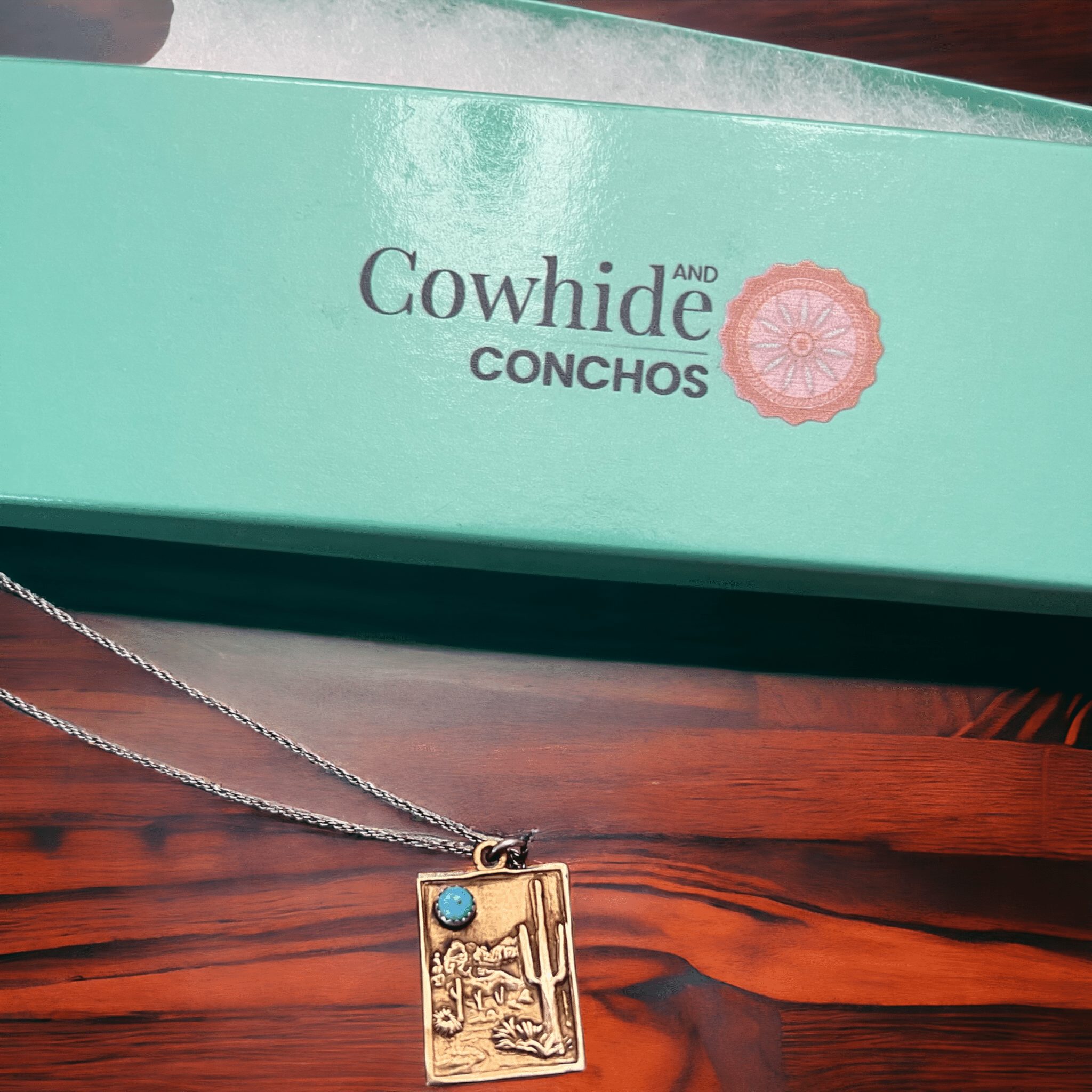 Brass & Sterling Cactus Desert Scenery Pendant with Kingman Turquoise — 18" Sterling Chain Included