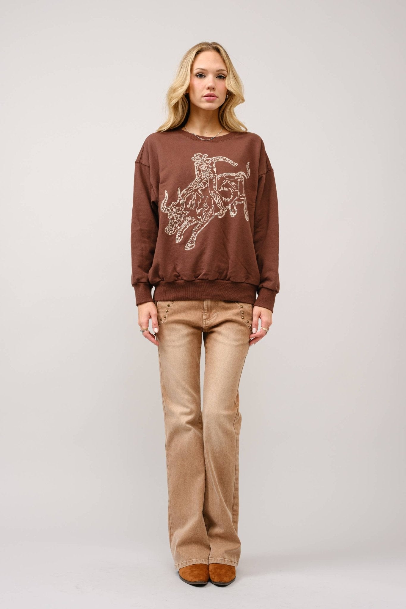 Blue B Western Bull Rider Embroidered Pullover Sweatshirt — 100% Cotton Rodeo Statement