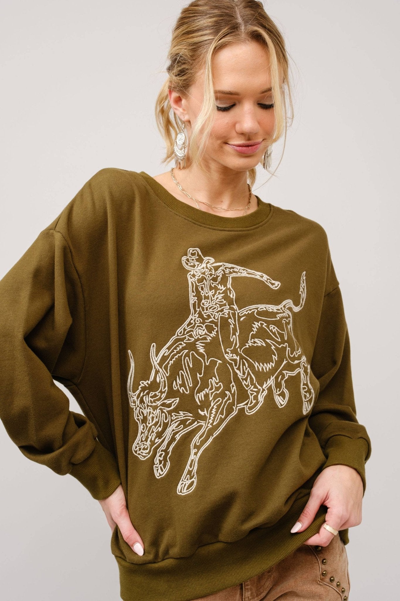 Blue B Western Bull Rider Embroidered Pullover Sweatshirt — 100% Cotton Rodeo Statement