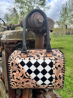 Luxe Tooled Leather Starry Night Rhinestone Stud Checkered Speedy Bag