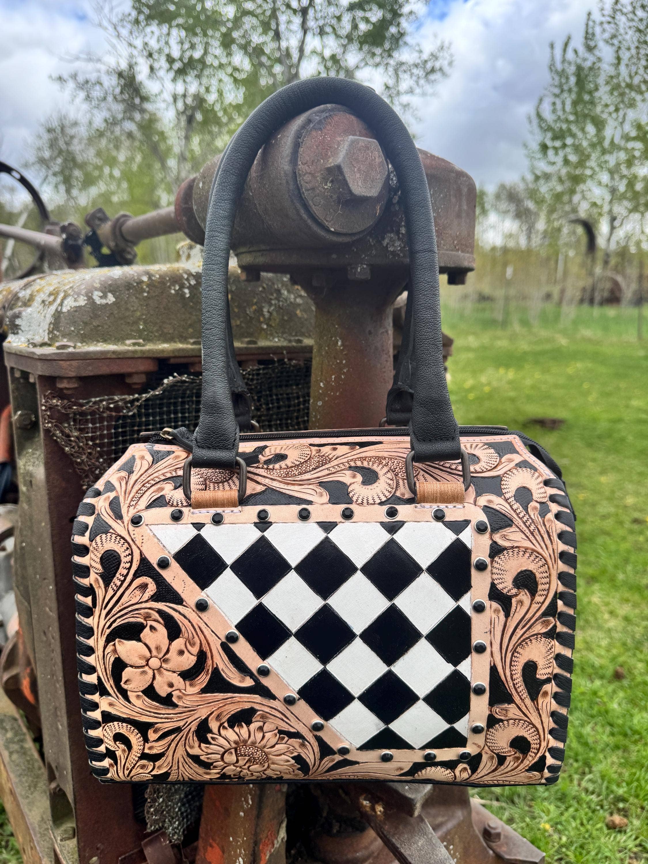 Luxe Tooled Leather Midnight Rhinestone Stud Checkered Speedy Bag
