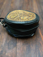 Western Canteen Crossbody Bag — Green Leather Tooled One Side + Hair-on-Hide Other Side (10.5")