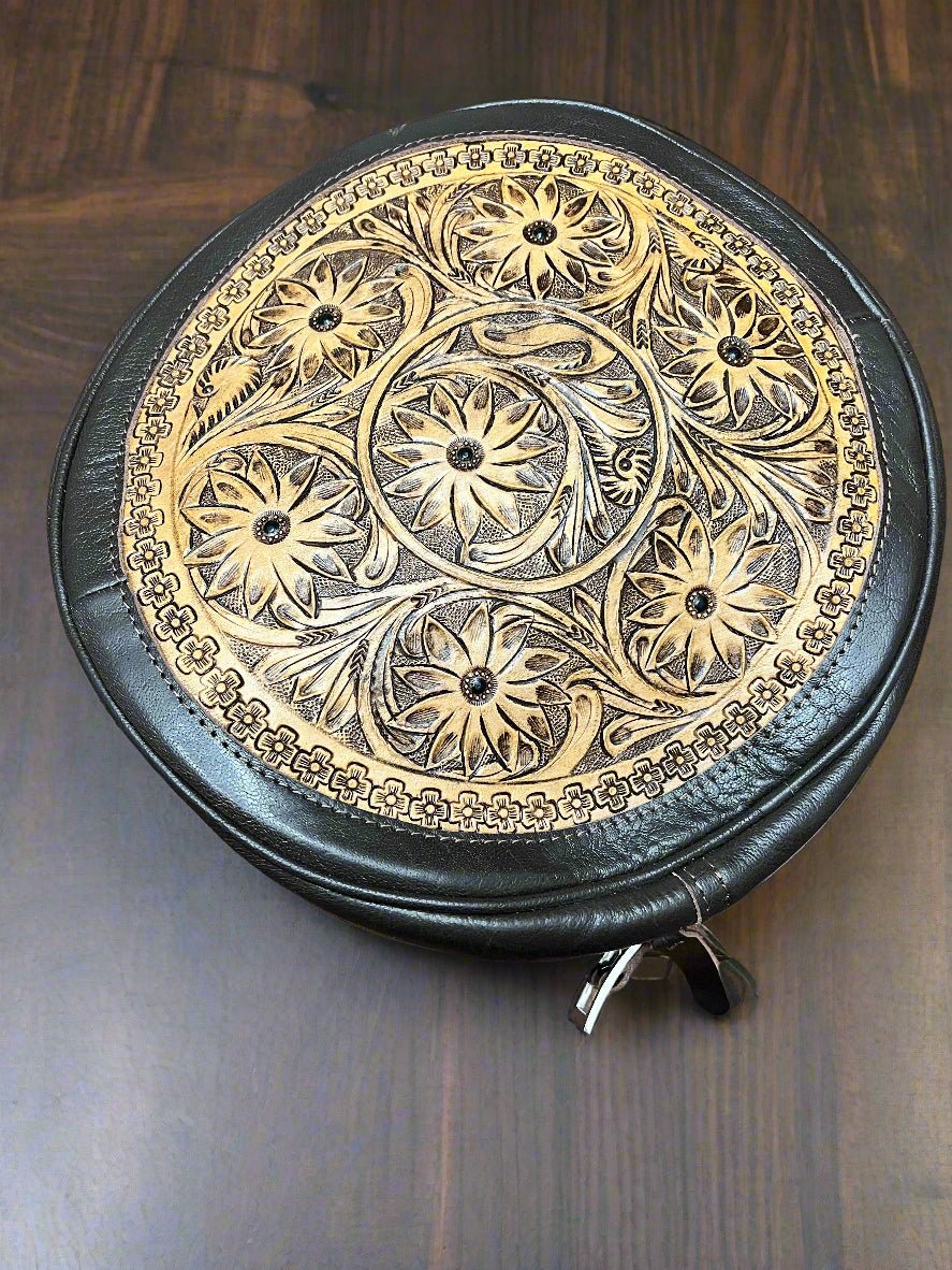 Western Canteen Crossbody Bag — Vintage Distressed Leather Tooled One Side + Hair-on-Hide Other Side (10.5")