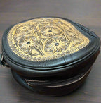 Western Canteen Crossbody Bag — Vintage Distressed Leather Tooled One Side + Hair-on-Hide Other Side (10.5")