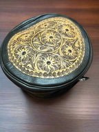 Western Canteen Crossbody Bag — Vintage Distressed Leather Tooled One Side + Hair-on-Hide Other Side (10.5")