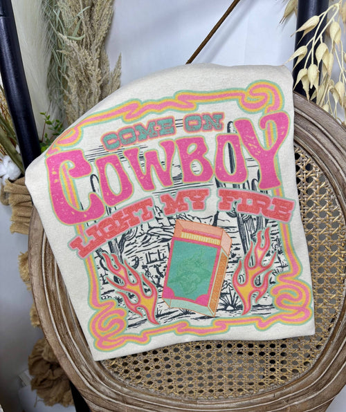 "Come on Cowboy, Light My Fire" Retro Western Graphic Tee — Off-White Jerzees Vintage Cowboy Core