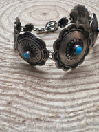 Victor Coriz Navajo Concho Link Bracelet with Sleeping Beauty Turquoise — Adjustable 6"-7.5" (Sterling Stamped, Artist Hallmark)
