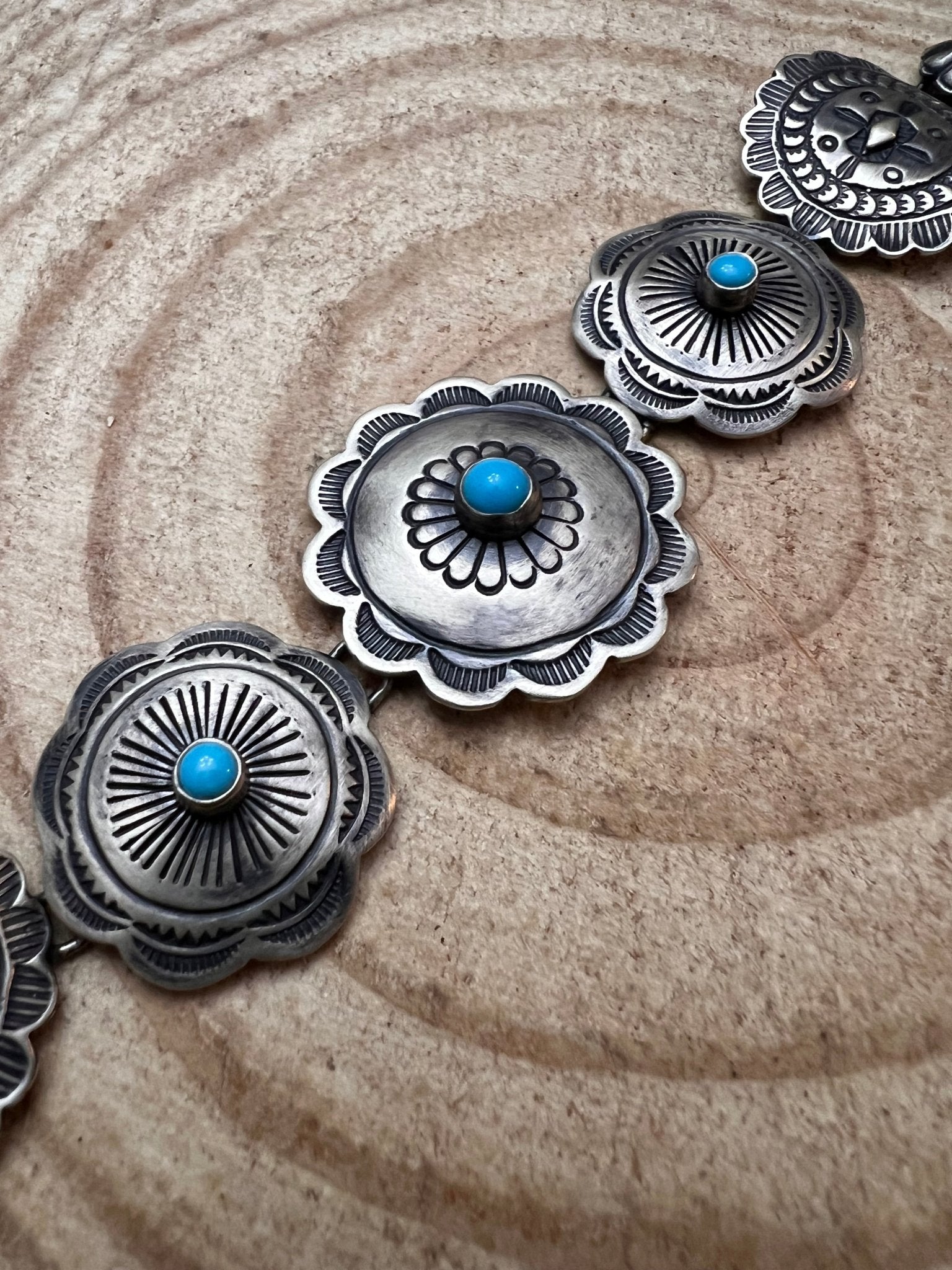 Victor Coriz Navajo Concho Link Bracelet with Sleeping Beauty Turquoise — Adjustable 6"-7.5" (Sterling Stamped, Artist Hallmark)