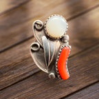 Coral & Mother of Pearl Sterling Silver Flower-Style Ring — Size 5