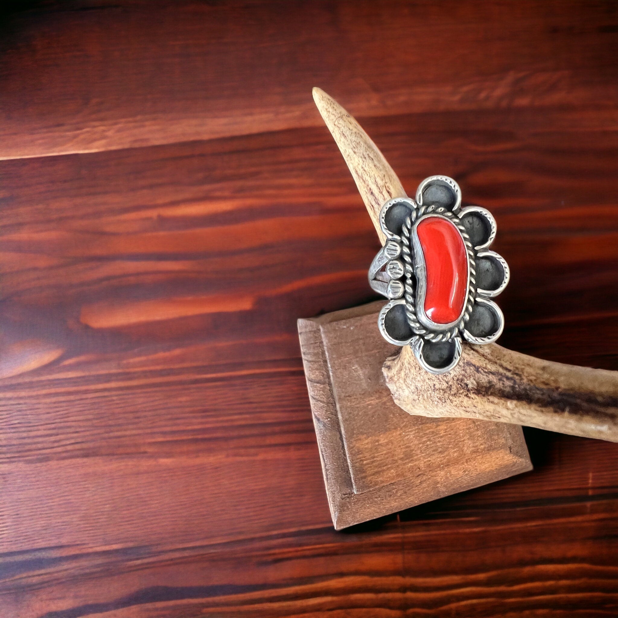 Annie Chapo Hand-Stamped Sterling Silver Coral Ring — Size 7 (Vintage Native American)