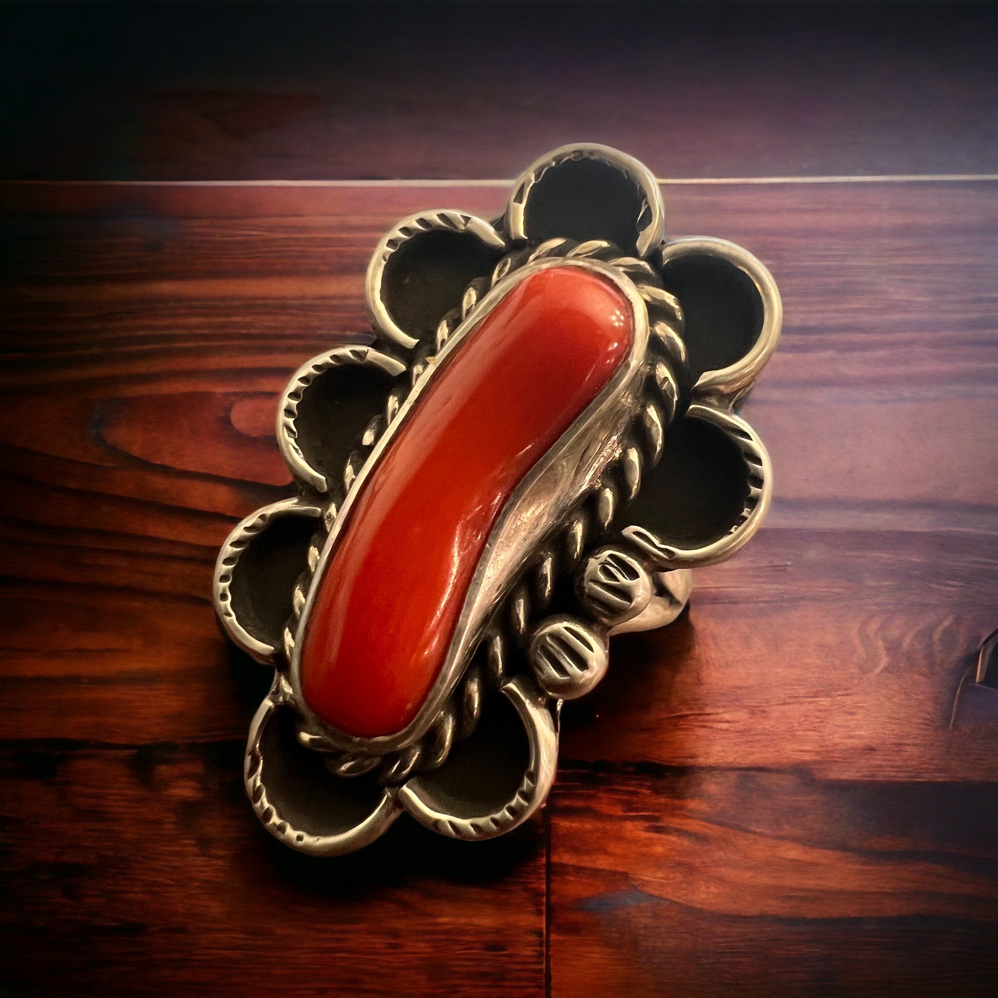 Annie Chapo Hand-Stamped Sterling Silver Coral Ring — Size 7 (Vintage Native American)