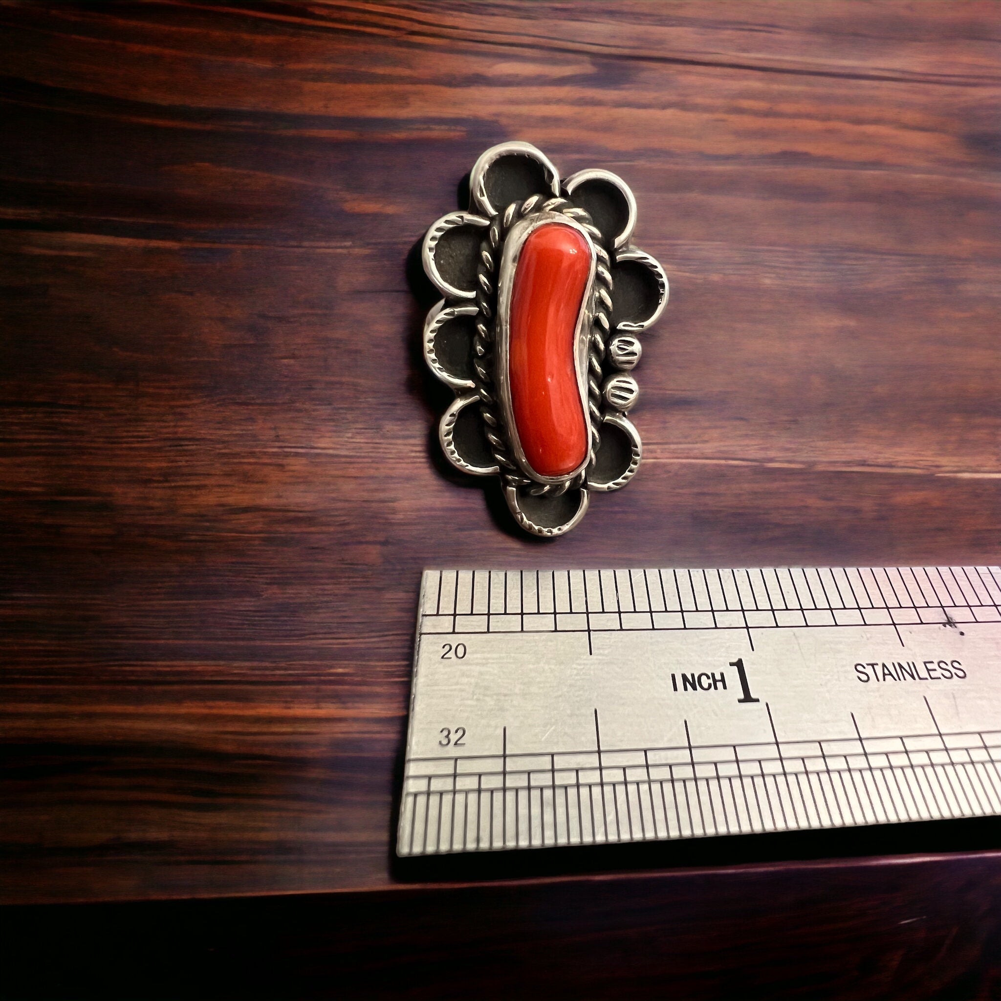 Annie Chapo Hand-Stamped Sterling Silver Coral Ring — Size 7 (Vintage Native American)