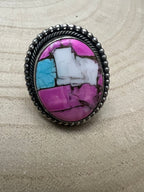 Scott Skeets Navajo Handmade Cotton Candy Adjustable Multi-Stone Ring (Coral + Turquoise)