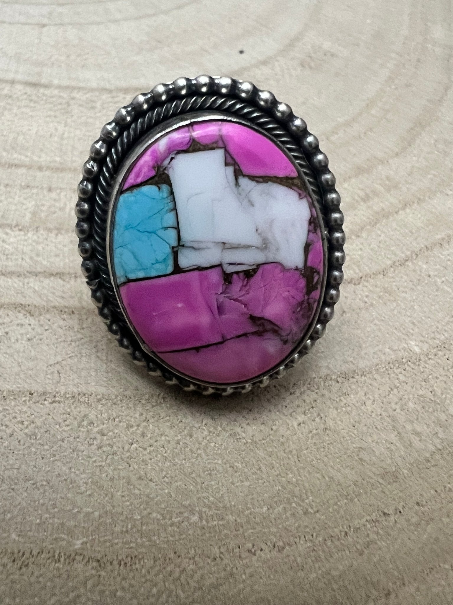 Scott Skeets Navajo Handmade Cotton Candy Adjustable Multi-Stone Ring (Coral + Turquoise)