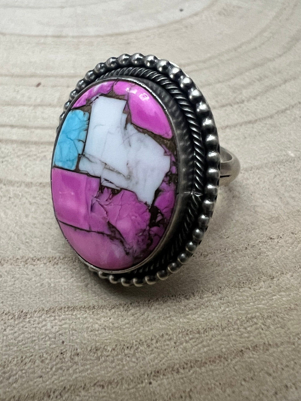 Scott Skeets Navajo Handmade Cotton Candy Adjustable Multi-Stone Ring (Coral + Turquoise)
