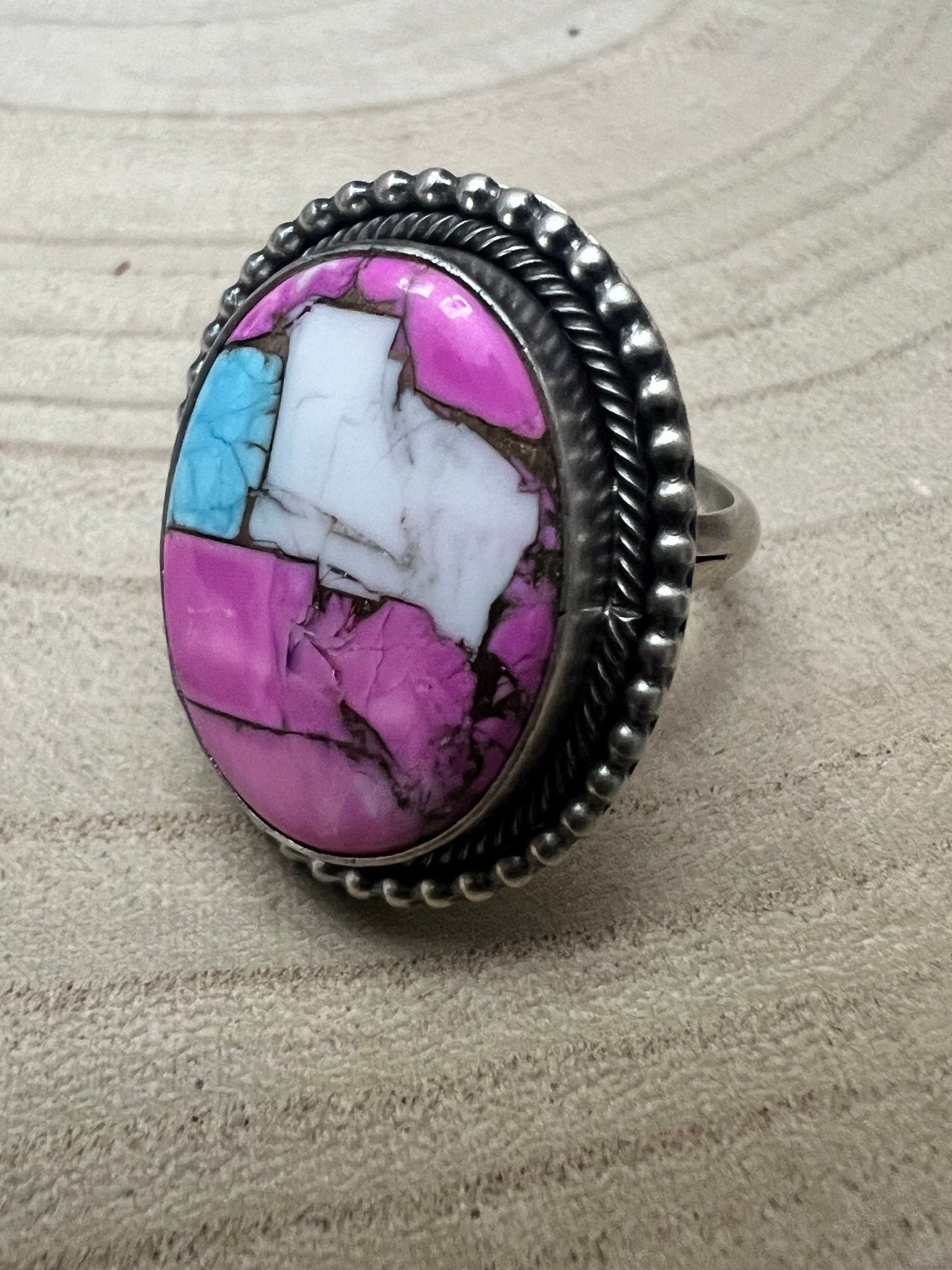 Scott Skeets Navajo Handmade Cotton Candy Adjustable Multi-Stone Ring (Coral + Turquoise)